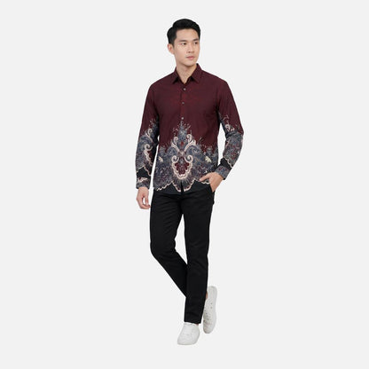 Odza Kemeja Batik Pria Slim Fit Lengan Panjang Katun Premium Baju Kerja Kondangan Bimantara Hitam Maroon