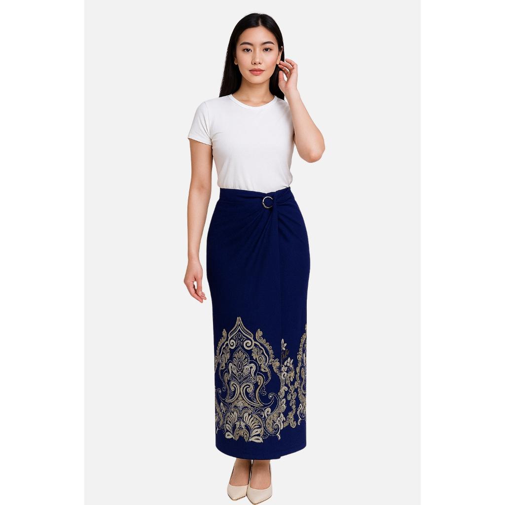 Set Kemeja Batik Couple Pria Wanita Rok Lilit Slim Lengan Panjang Kebaya Jumputan Biru Navy Maheswara