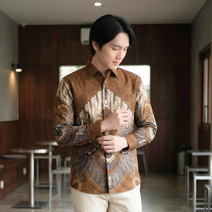 Odza Batik Couple Set Kemeja Pria Blouse Wanita Lengan Panjang 7/8 Katun Premium Kondangan Jauwe Coklat