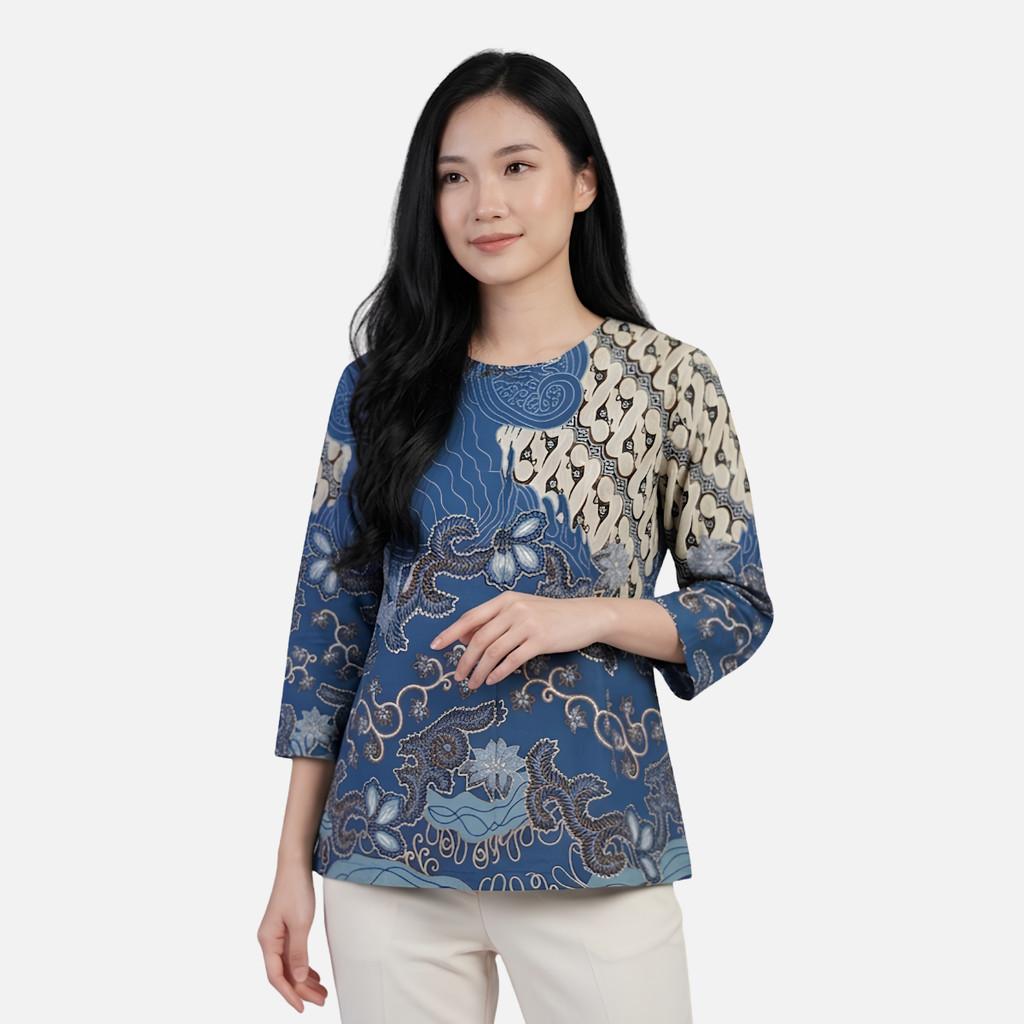 Odza Blouse Batik Wanita Lengan 7/8 Atasan Kemeja Kerja Kondangan Modern Katun Premium Javastera Biru Hijau