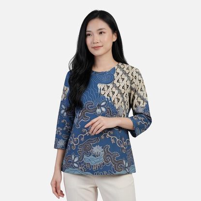 Odza Blouse Batik Wanita Lengan 7/8 Atasan Kemeja Kerja Kondangan Modern Katun Premium Javastera Biru Hijau