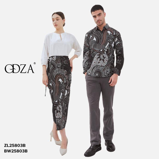ODZACLASSIC Odza Set Couple Batik Pria Wanita Kemeja Hem Lengan Panjang Jumbo Rok Lilit Kebaya Modern Cakrabuana Baju Katun Motif Pasangan Kain Slim Fit Setelan Atasan Seragam Kombinasi
