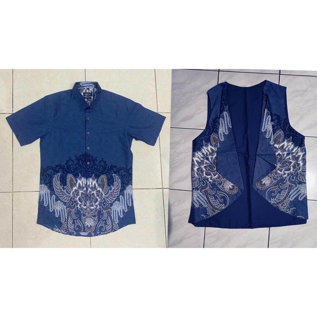 Odza Baju Batik Couple Kemeja Hem Pria Lengan Pendek Slim Fit Outer Rompi Vest Motif Biru Yogaswara
