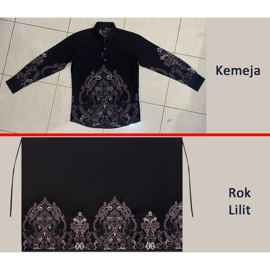Odza Set Kemeja Rok Lilit Batik Couple Pria Wanita Lengan Panjang Kebaya Motif Jumputan Hitam Naradipta