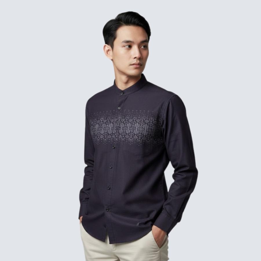 Odza Baju Koko Lengan Panjang Pria Kemeja Muslim Katun Regular Fit Bagisha Ungu Tua