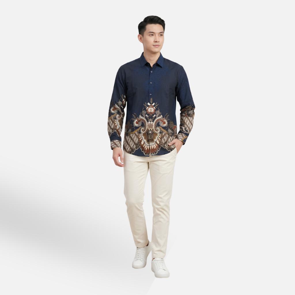Odza Kemeja Batik Pria Slim Fit Lengan Panjang Katun Premium Baju Kerja Kondangan Demis Hitam Navy
