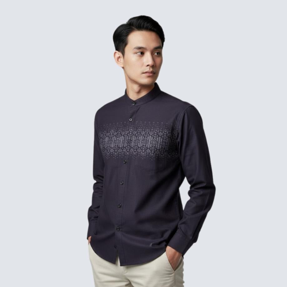 Odza Baju Koko Lengan Panjang Pria Kemeja Muslim Katun Regular Fit Bagisha Ungu Tua
