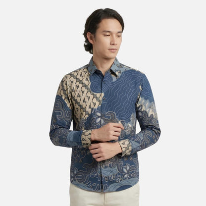 Odza Batik Couple Set Kemeja Pria Blouse Wanita Lengan Panjang 7/8 Cotton Printing Slim Fit Jumbo Javastera Biru