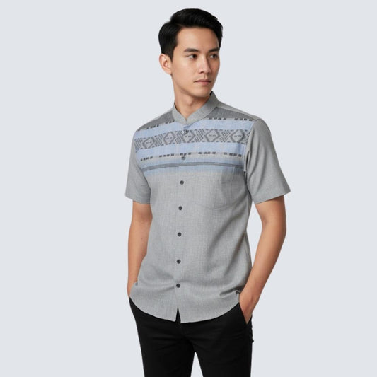 Odza Classic Baju Kemeja Koko Pria Lengan Pendek Regular Fit Atasan Kerah Shanghai Kaivan Abu Biru