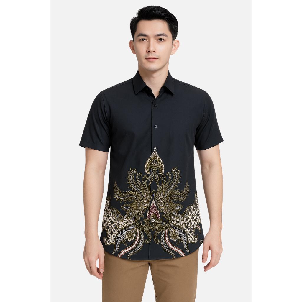 Odza Set Kemeja Rok Lilit Batik Couple Pria Wanita Lengan Pendek Kebaya Jumputan Hitam Naratama Motif Setelan