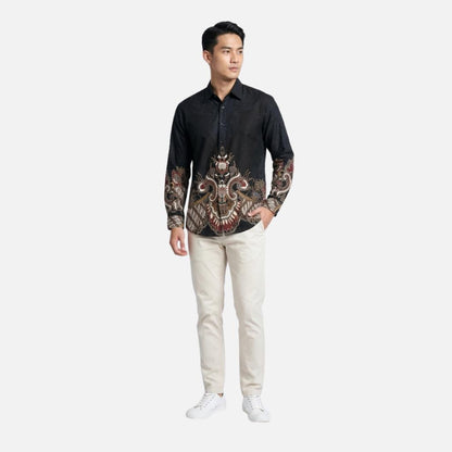Odza Kemeja Batik Pria Slim Fit Lengan Panjang Katun Premium Baju Kerja Kondangan Demis Hitam Navy