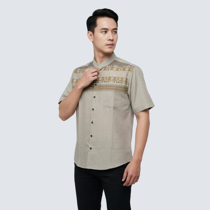 Odza Baju Koko Pria Lengan Pendek Motif Kemeja Kerah Shanghai Keira Katun Coklat