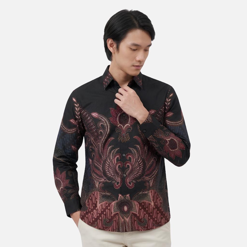 Odza Kemeja Batik Lengan Panjang Modern Pria Cotton Printing Slim Regular Fit Jumbo Spatia Hitam Maroon Coklat