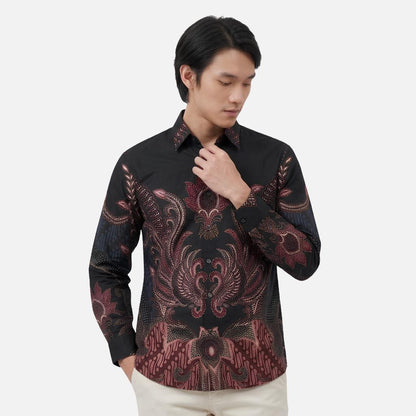 Odza Kemeja Batik Lengan Panjang Modern Pria Cotton Printing Slim Regular Fit Jumbo Spatia Hitam Maroon Coklat