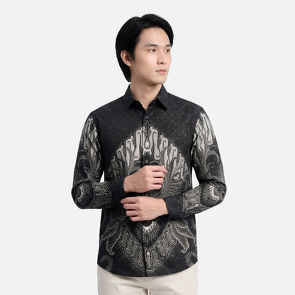 Odza Batik Couple Set Kemeja Pria Blouse Wanita Lengan Panjang 7/8 Cotton Printing Slim Fit Jumbo Arunawa Hitam Abu-abu