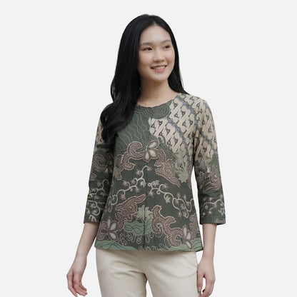 Odza Blouse Batik Wanita Lengan 7/8 Atasan Kemeja Kerja Kondangan Modern Katun Premium Dakota Hijau Biru
