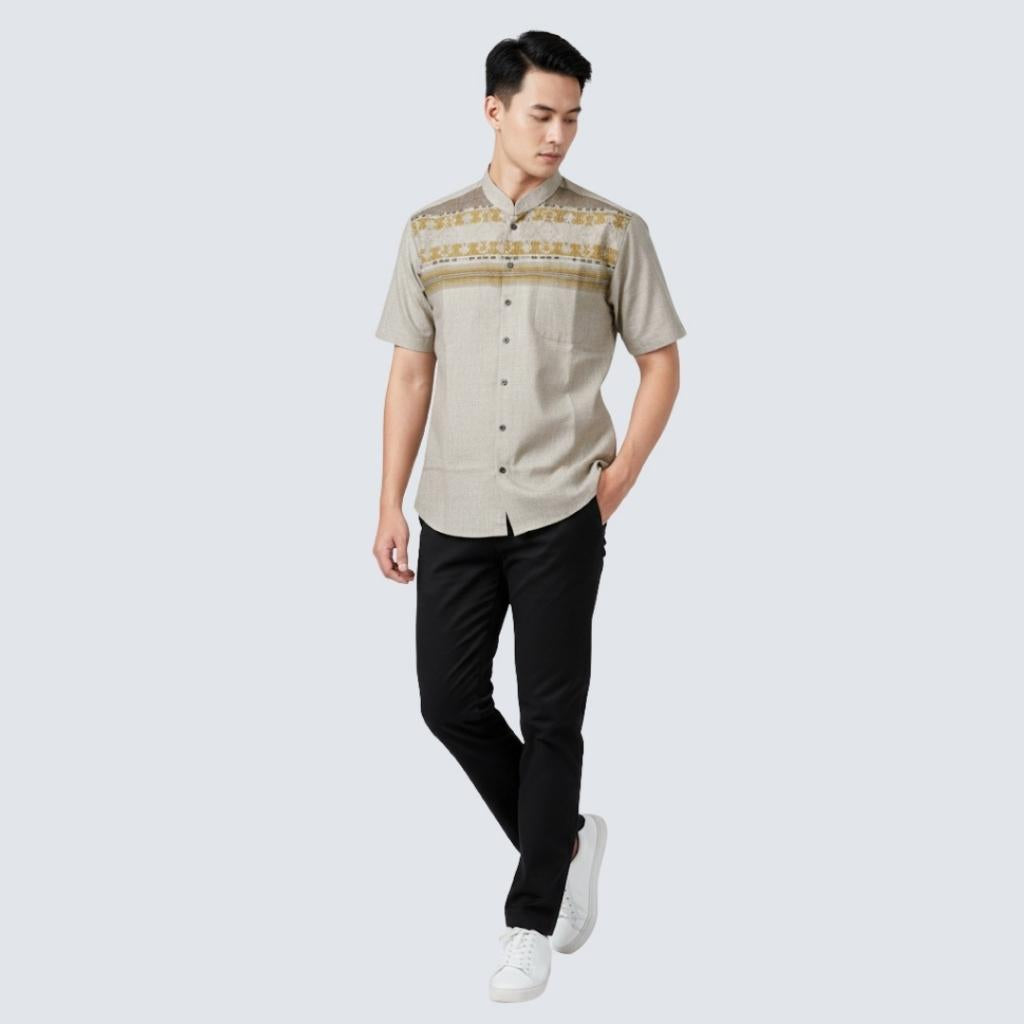 Odza Baju Koko Pria Lengan Pendek Motif Kemeja Kerah Shanghai Keira Katun Coklat