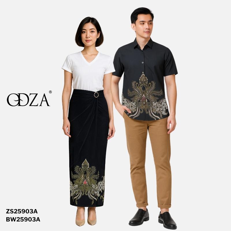 Odza Set Kemeja Rok Lilit Batik Couple Pria Wanita Lengan Pendek Kebaya Jumputan Hitam Naratama Motif Setelan