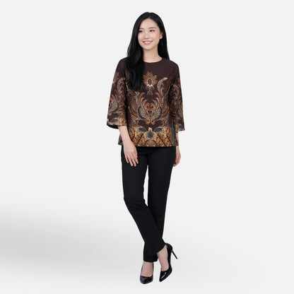 Odza Blouse Batik Wanita Lengan 7/8 Atasan Kemeja Kerja Kondangan Modern Dakupa Coklat Tua Hitam