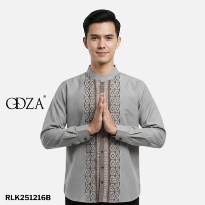 Odza Baju Kemeja Koko Pria Lengan Panjang Motif Kombinasi Strip Elegan Duffia Abu-abu