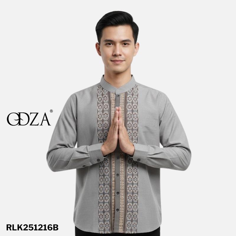 Odza Baju Kemeja Koko Pria Lengan Panjang Motif Kombinasi Strip Elegan Duffia Abu-abu