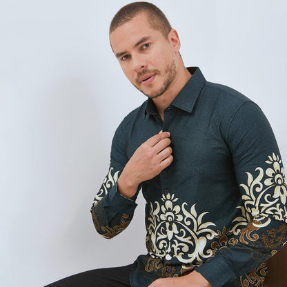 Odza Baju Kemeja Batik Slim Regular Fit Pria Lengan Panjang Modern Hitam Abu tua Waradana