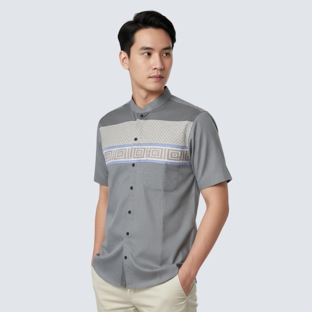 Odza Classic Baju Koko Modern Lengan Pendek Pria Atasan Muslim Regular Fit Dewasa Estisha Abu-abu