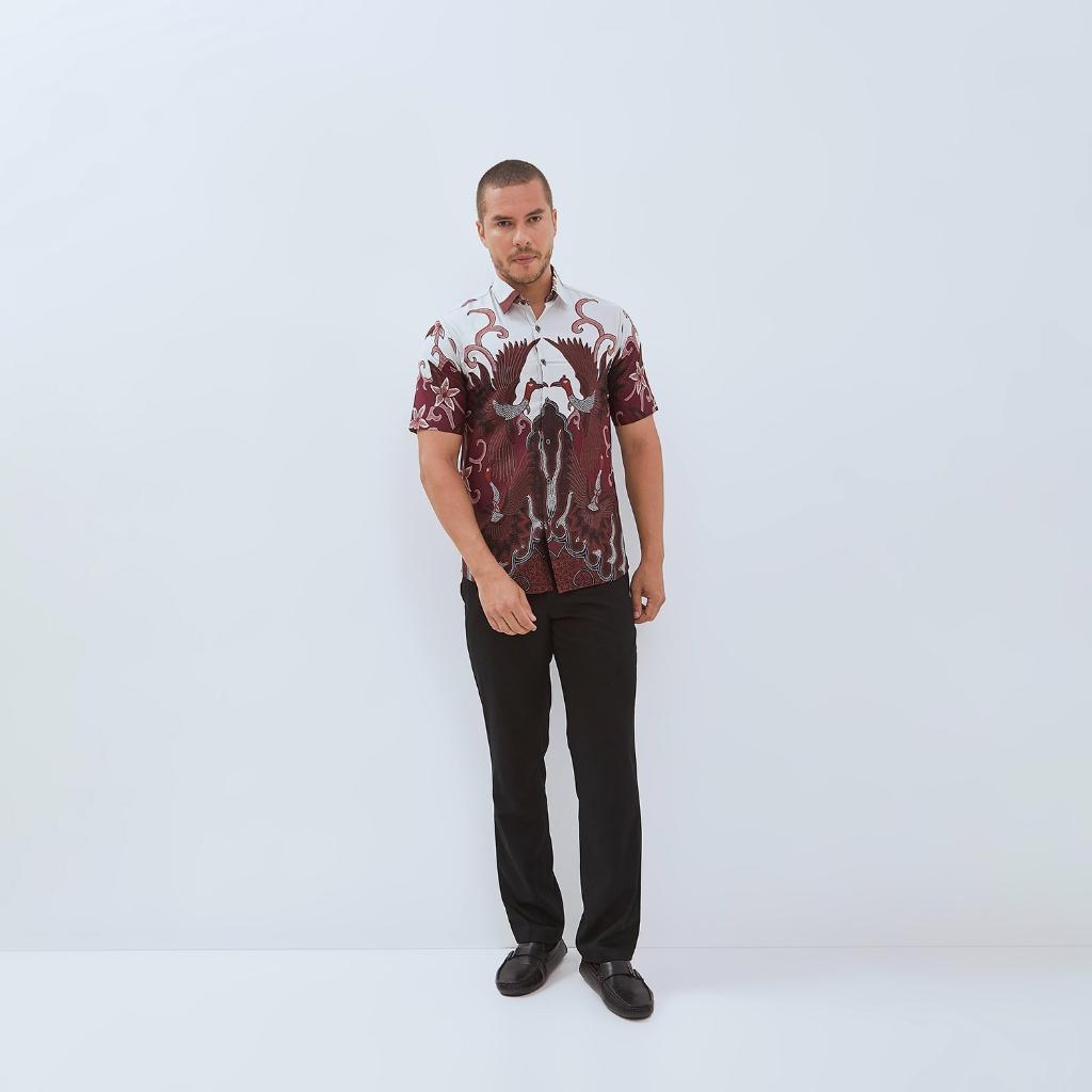 Odza Atasan Kemeja Batik Lengan Pendek Pria Slim Fit Trendy Modern Style Merah Maroon Adhikari