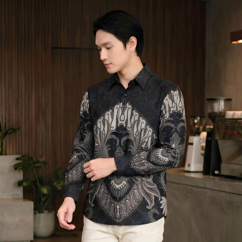 Odza Batik Couple Set Kemeja Pria Blouse Wanita Lengan Panjang 7/8 Cotton Printing Slim Fit Jumbo Arunawa Hitam Abu-abu