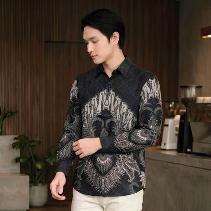 Odza Batik Couple Set Kemeja Pria Blouse Wanita Lengan Panjang 7/8 Cotton Printing Slim Fit Jumbo Arunawa Hitam Abu-abu