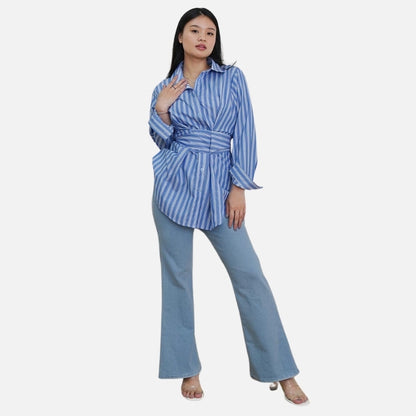 Kemeja Wanita Motif Garis Kekinian Lengan Panjang Oversize