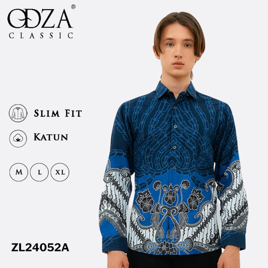 Odza Baju Atasan Batik Pria Lengan Panjang Pola Slim Fit Ambara Biru Navy