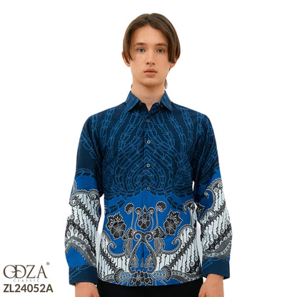 Odza Baju Atasan Batik Pria Lengan Panjang Pola Slim Fit Ambara Biru Navy