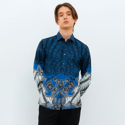 Odza Baju Atasan Batik Pria Lengan Panjang Pola Slim Fit Ambara Biru Navy