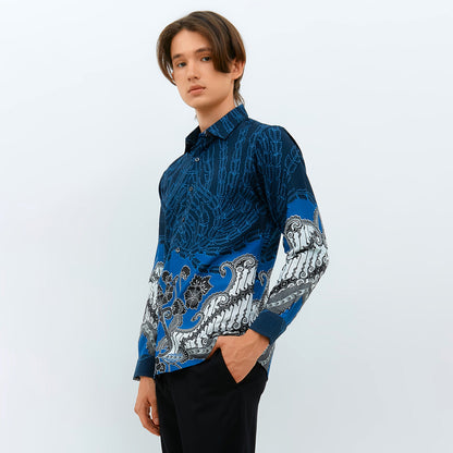 Odza Baju Atasan Batik Pria Lengan Panjang Pola Slim Fit Ambara Biru Navy
