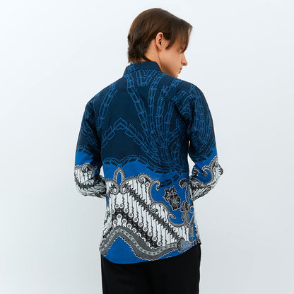 Odza Baju Atasan Batik Pria Lengan Panjang Pola Slim Fit Ambara Biru Navy