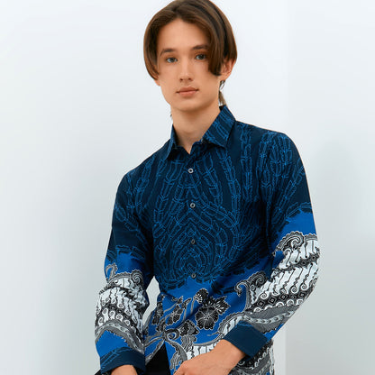Odza Baju Atasan Batik Pria Lengan Panjang Pola Slim Fit Ambara Biru Navy