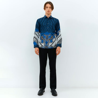 Odza Baju Atasan Batik Pria Lengan Panjang Pola Slim Fit Ambara Biru Navy