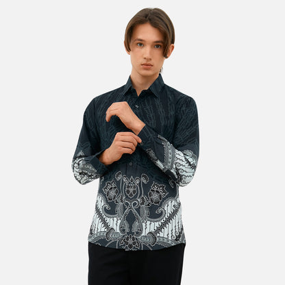 Odza Kemeja Batik Lengan Panjang Pria Pola Slim Fit Pradana Abu Gelap
