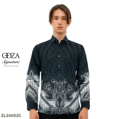Odza Kemeja Batik Lengan Panjang Pria Pola Slim Fit Pradana Abu Gelap