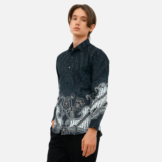 Odza Kemeja Batik Lengan Panjang Pria Pola Slim Fit Pradana Abu Gelap