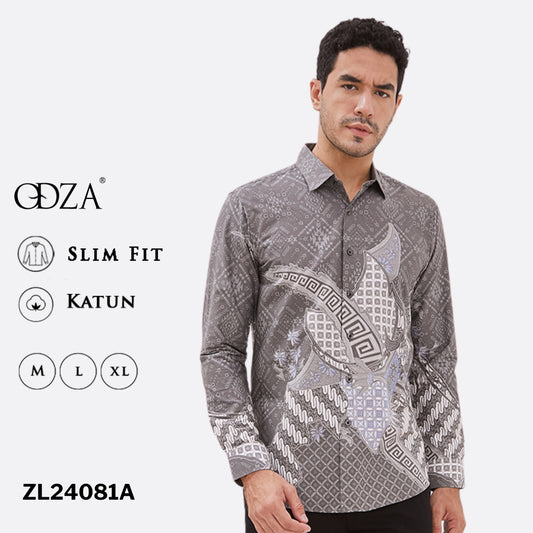 Odza Baju Batik Pesta Lengan Panjang Pria Slim Fit Panggenan Abu-abu