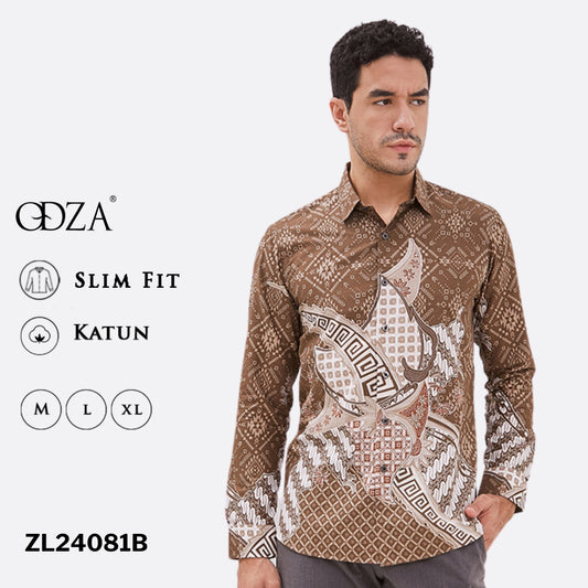 Odza Baju Batik Pesta Lengan Panjang Pria Slim Fit Panggenan Coklat