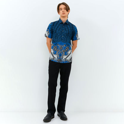 Odza Baju Atasan Batik Pria Lengan Pendek Pola Slim Fit Ambara Biru Navy