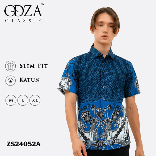 Odza Baju Atasan Batik Pria Lengan Pendek Pola Slim Fit Ambara Biru Navy