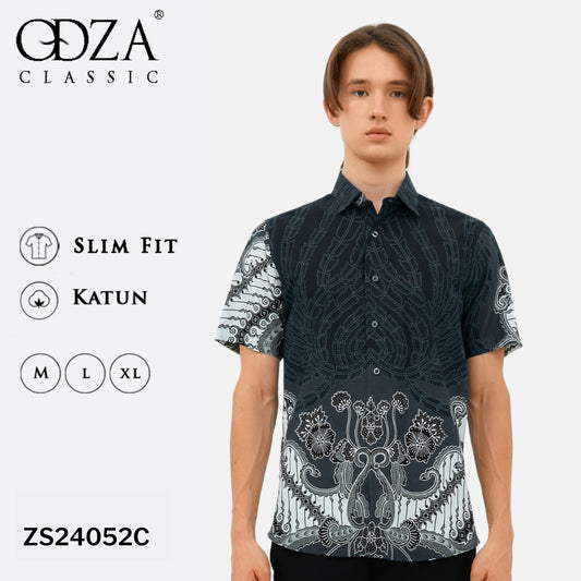 Odza Kemeja Hem Batik Pria Slim Fit Modern Lengan Pendek Pradana Abu Tua