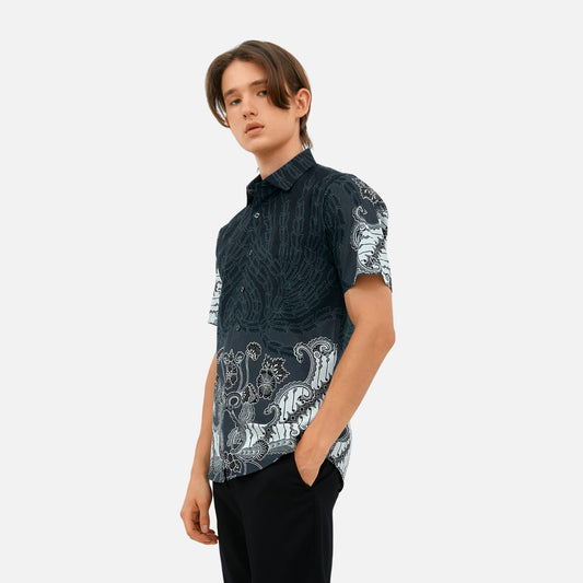Odza Kemeja Hem Batik Pria Slim Fit Modern Lengan Pendek Pradana Abu Tua