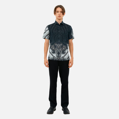 Odza Kemeja Hem Batik Pria Slim Fit Modern Lengan Pendek Pradana Abu Tua