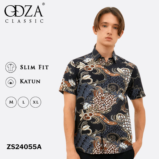 Odza Baju Atasan Hem Batik Lengan Pendek Slim Fit Ashanka Coklat