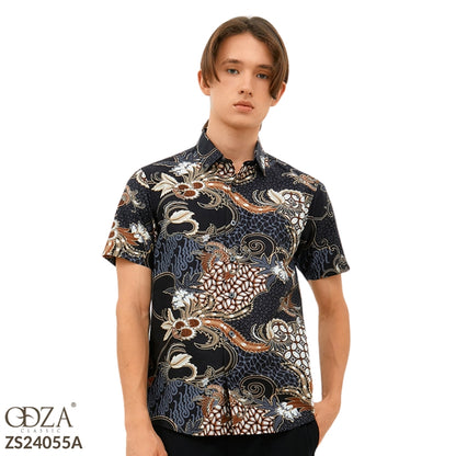 Odza Baju Atasan Hem Batik Lengan Pendek Slim Fit Ashanka Coklat